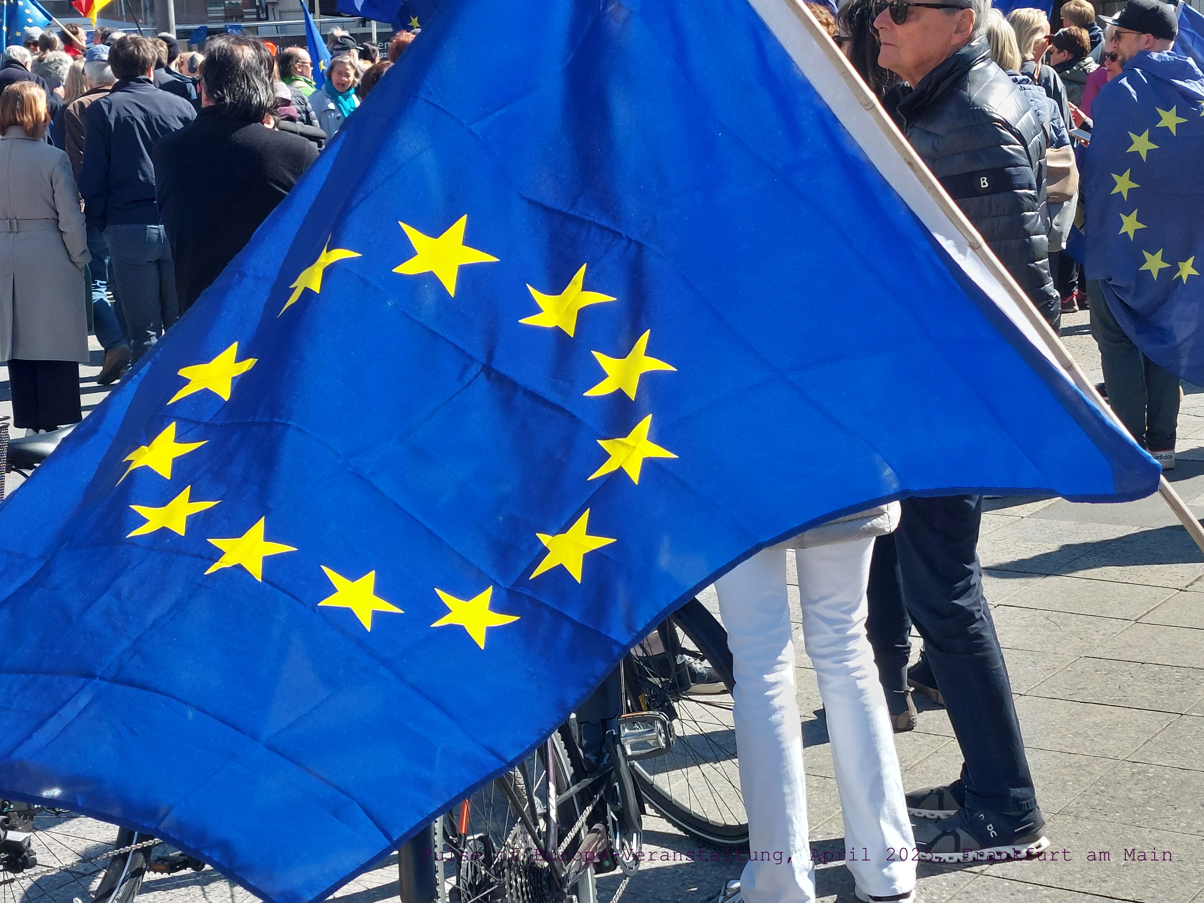 Europäische Flagge bei einer Veranstaltung von Pulse of Europe in Frankfurt am Main, April 2025